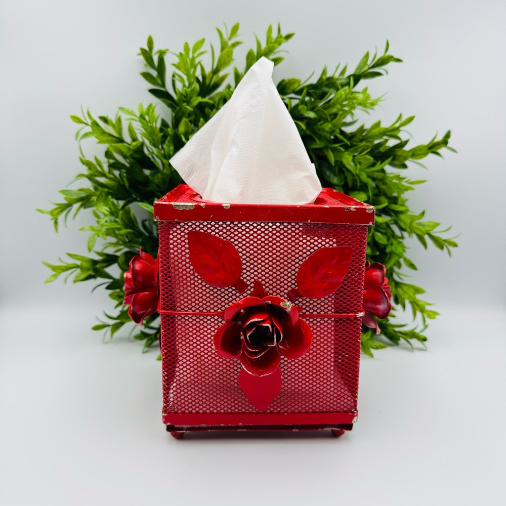 3D Red Rose Tissue Box Cover Square Rustic Country Cottagecore Cabin